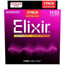 Elixir Nanoweb Phosphor Bronz 3’lü Paket Akustik Gitar Teli (11-52)